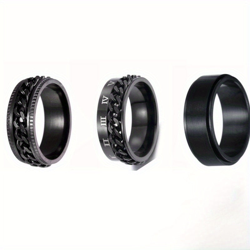 Popular Men's Titanium 201 Stainless Steel Ring Set with Rotatable Jewelry, Three-Piece Set, Electroplated and Fade-Resistant