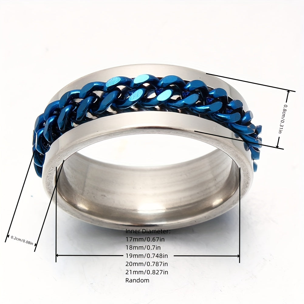 Wolesale Lots 20pcs Men's Women's Ring, Creative Mens Fashion Blue Chain Rotation Stainless Steel Ring, Personality Ring Gift (Size:17 18 19 20 21mm)