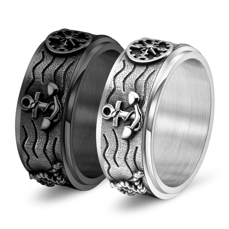 1pc Men's Titanium Stainless Steel Ring - Vintage Nautical Anchor & Compass Punk Style Rotatable Band, Durable Lightweight Design for Casual Attire