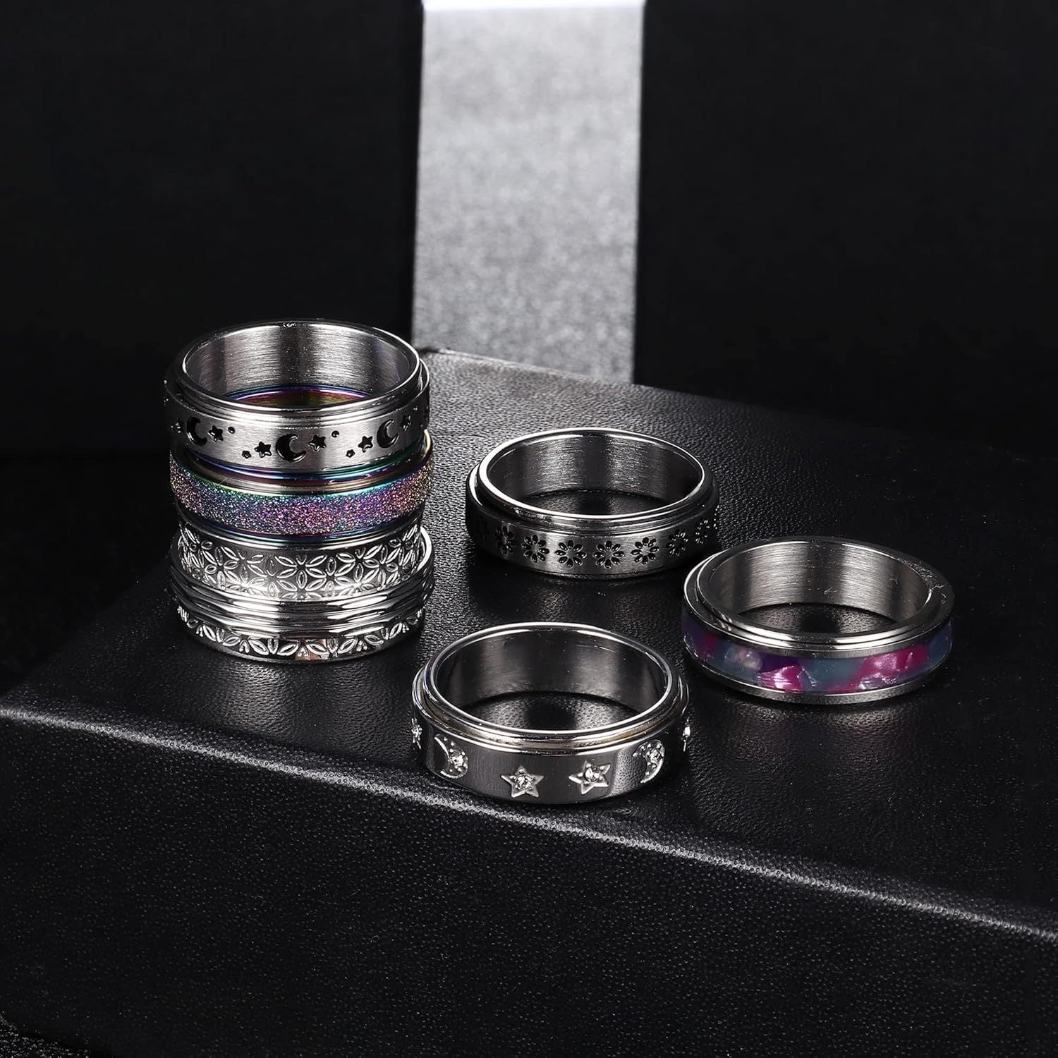 6pcs Fidget Rings for Anxiety 316L Stainless Steel Spinner Band Rings for Teenager Fidget Anxiety Rings Flower Moon Star Rainbow Sand Blast Finished Cool Relieving Rings Set, For Teenager