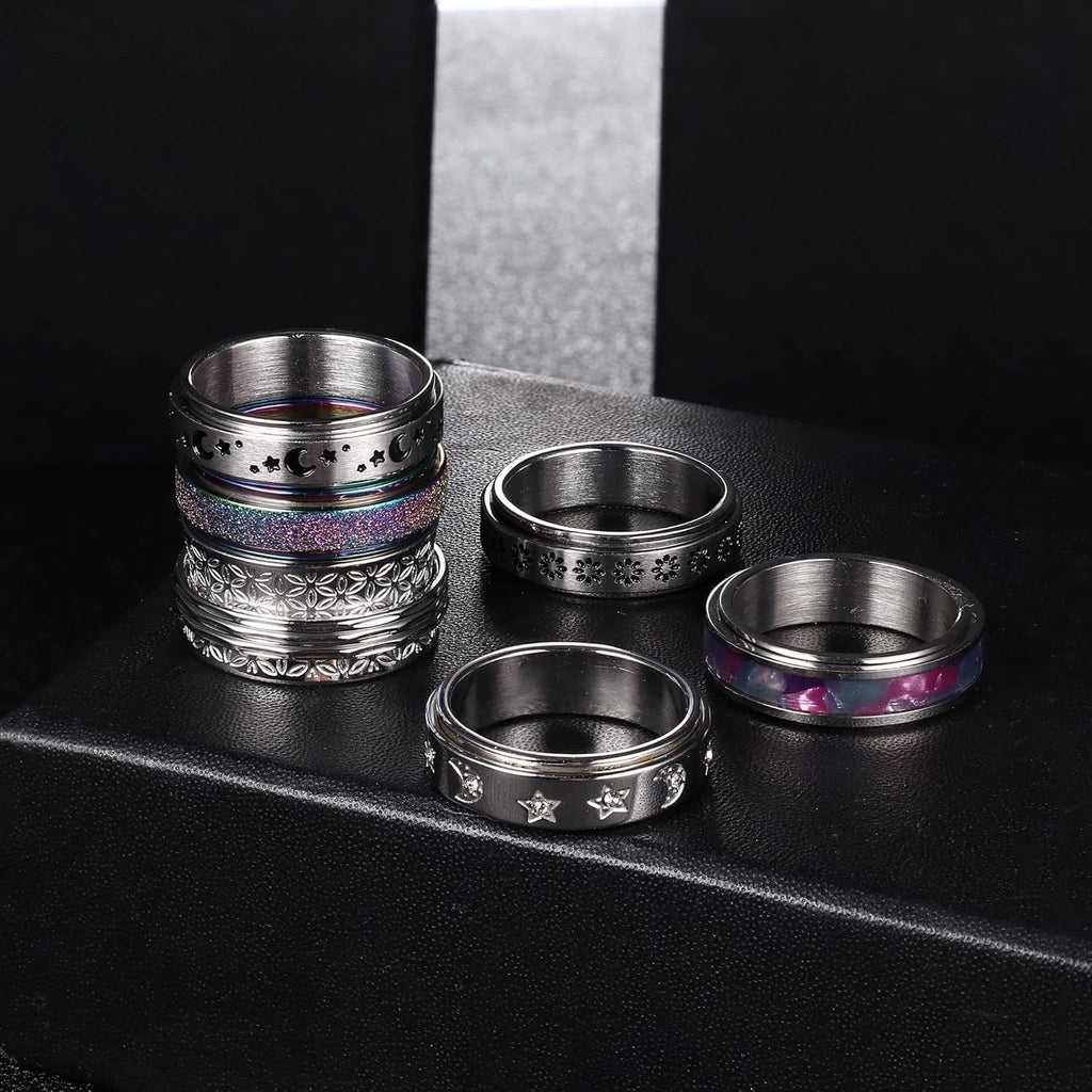 6pcs Fidget Rings for Anxiety 316L Stainless Steel Spinner Band Rings for Teenager Fidget Anxiety Rings Flower Moon Star Rainbow Sand Blast Finished Cool Relieving Rings Set, For Teenager