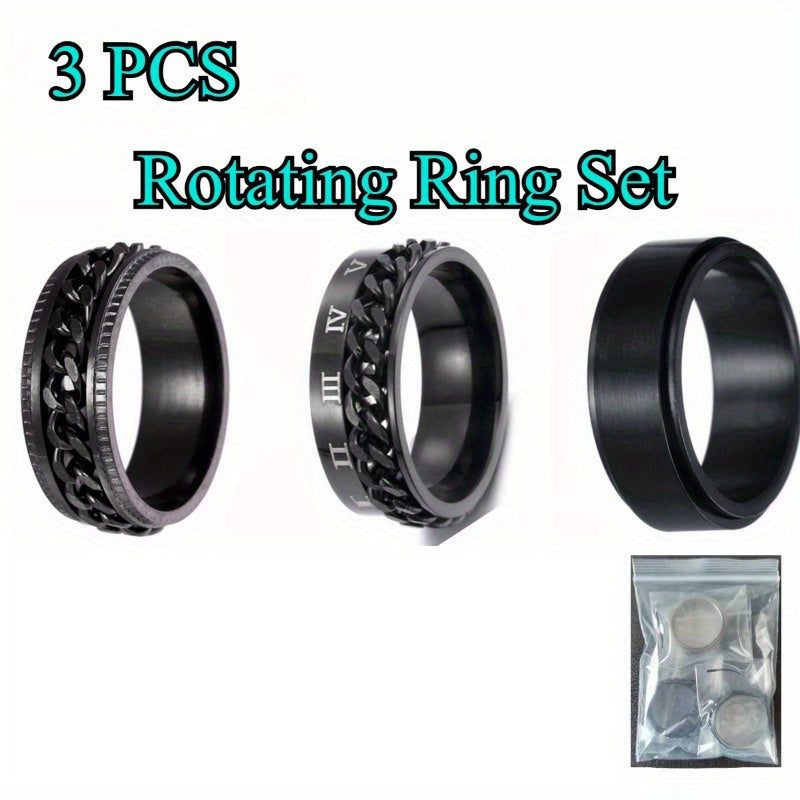 Popular Men's Titanium 201 Stainless Steel Ring Set with Rotatable Jewelry, Three-Piece Set, Electroplated and Fade-Resistant