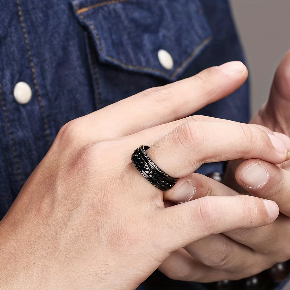 Custom Engraved Black Stainless Steel Ring - 8mm Wide, Rotating Chain Design, Personalized Name & Date Option, Durable & Stylish for Men, Valentine'S Day, Anniversaries, Casual Attire, Anniversary Jewelry, Bold Ring Design, Quality Craftsmanship, Without