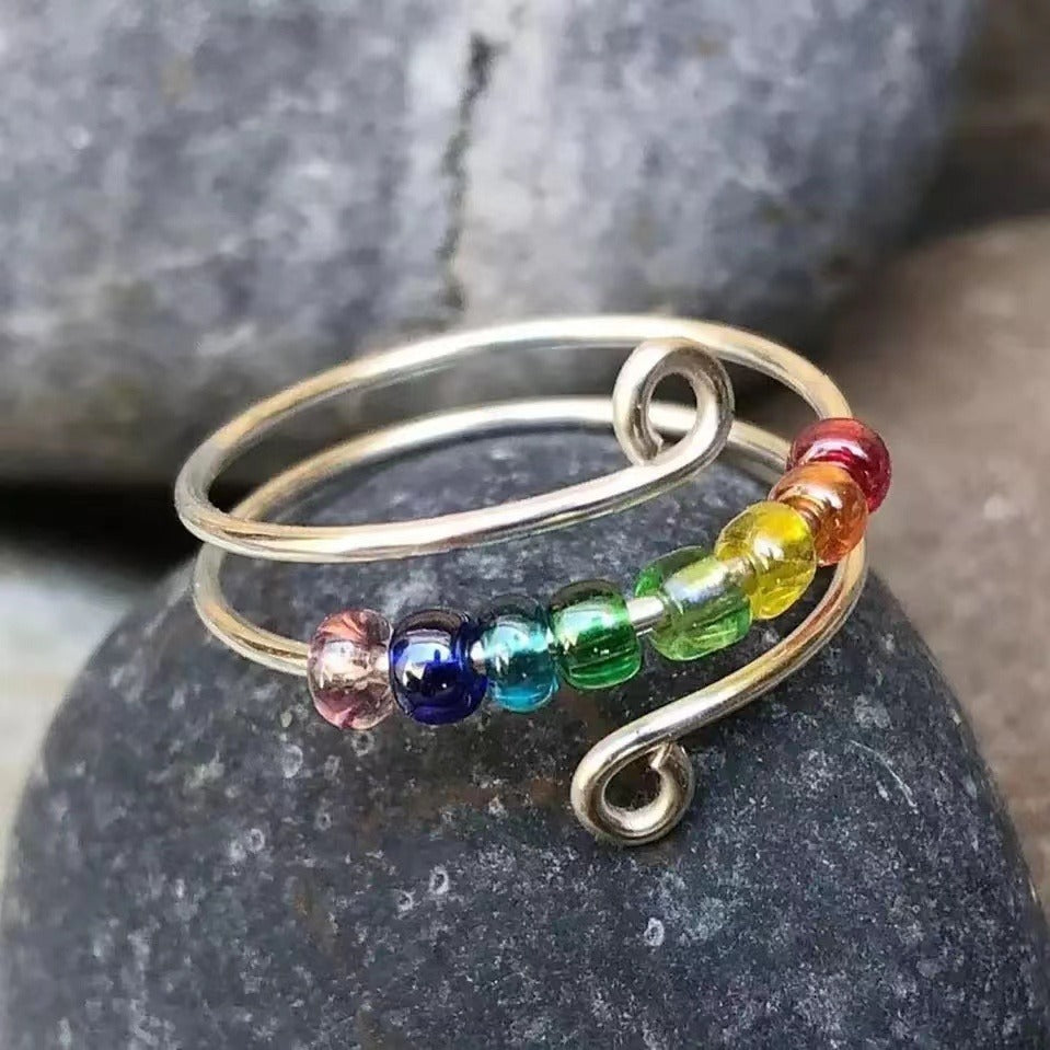 Rotatable Fidget Spinner, 316L Stainless Steel Anti Stress Silvery Color Rings for Women, Vintage Colorful Beads